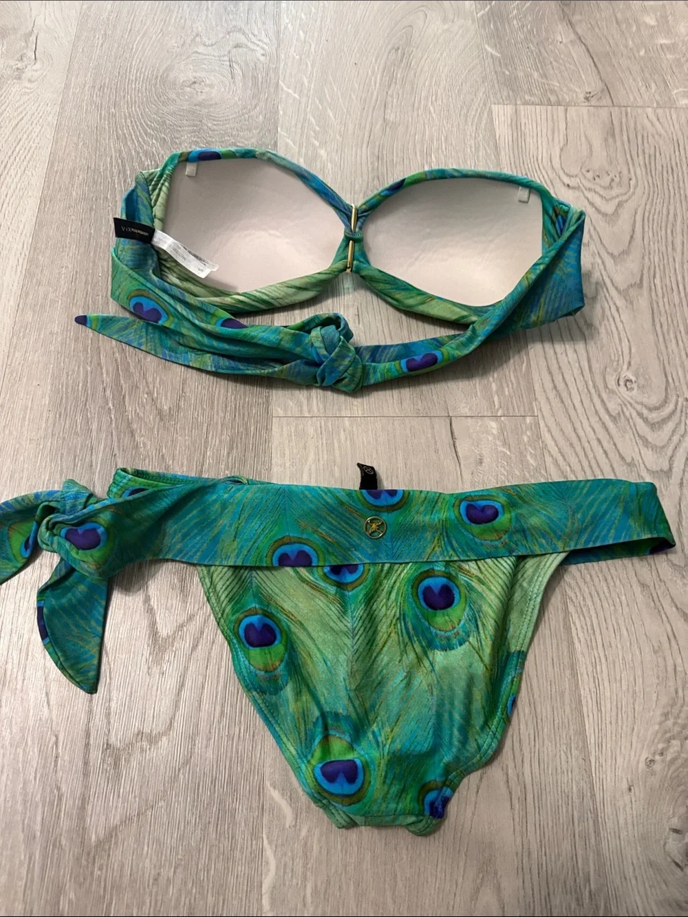 Green Peacock-Print Bandeau Bikini Top and Tie-Side Bottoms - Picture 4 of 5